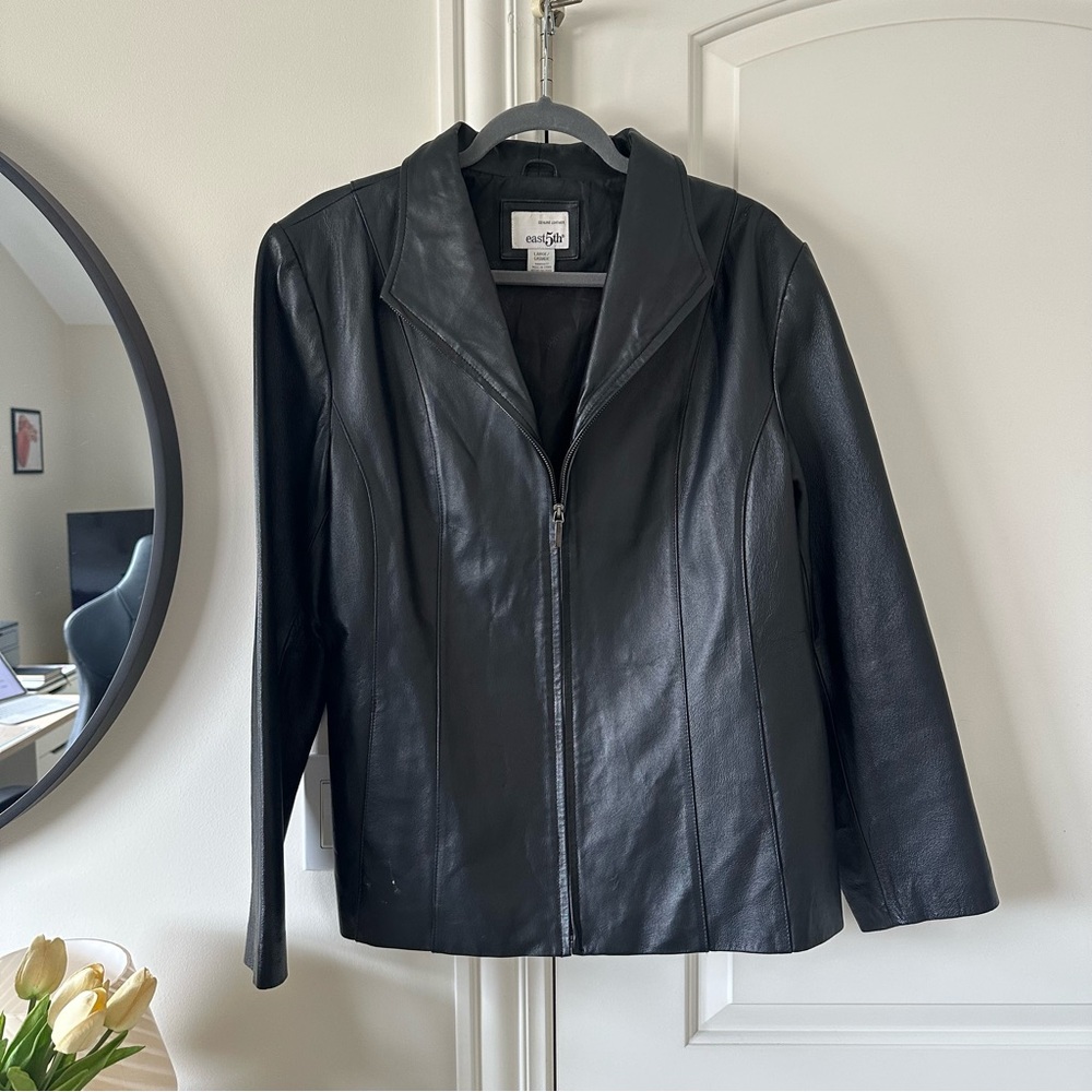 Saks Fifth Avenue Black Leather Jacket with Notched Lapel | 100% GENUINE LEATHER